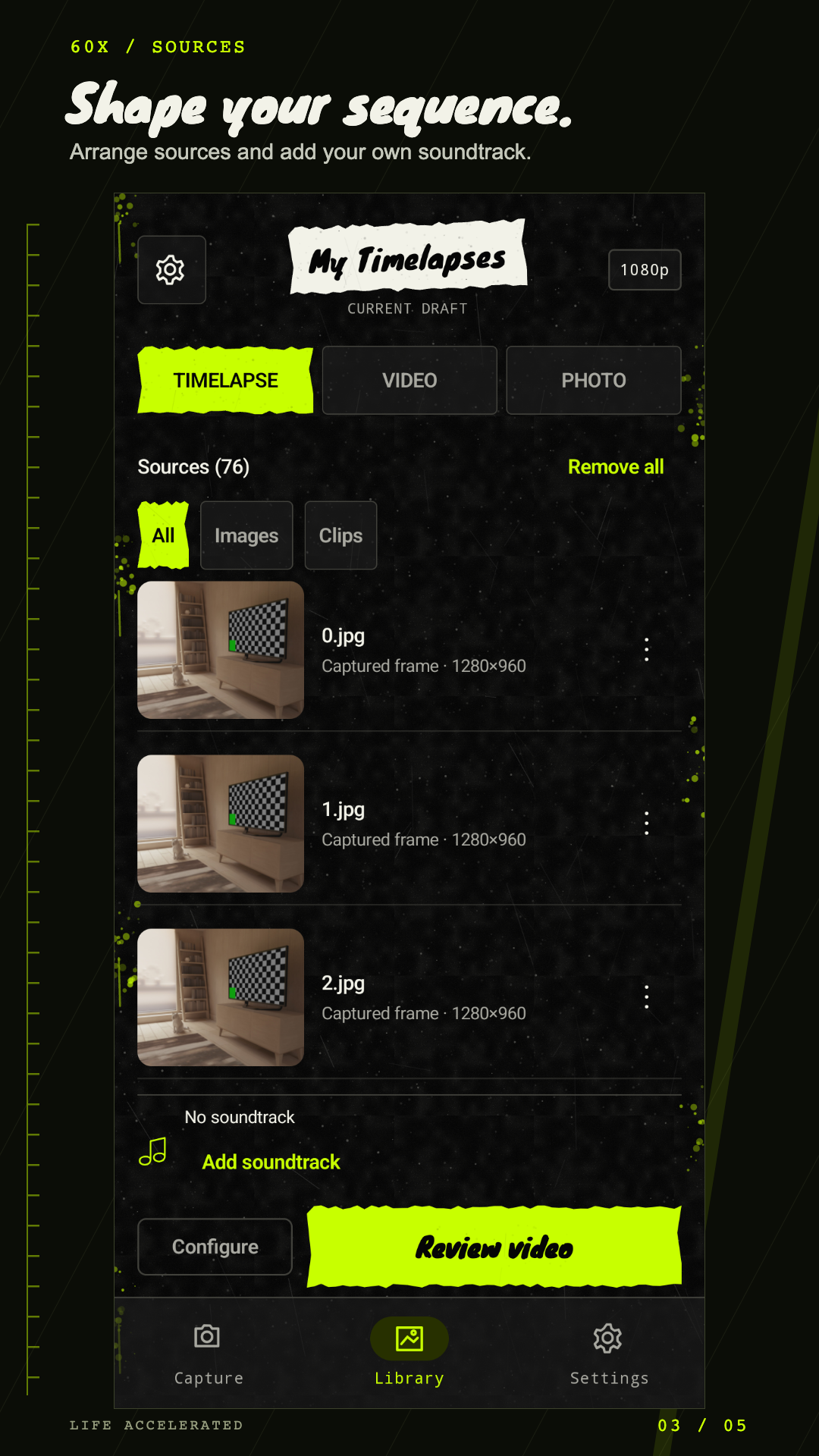 60X Timelapse library screen showing captured sources, soundtrack controls, and review video action.