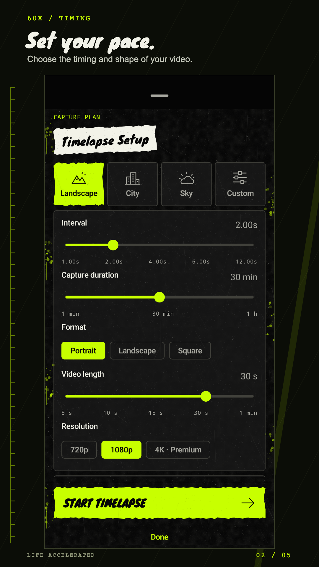 60X Timelapse setup screen showing scene presets, capture interval, duration, format, and resolution controls.