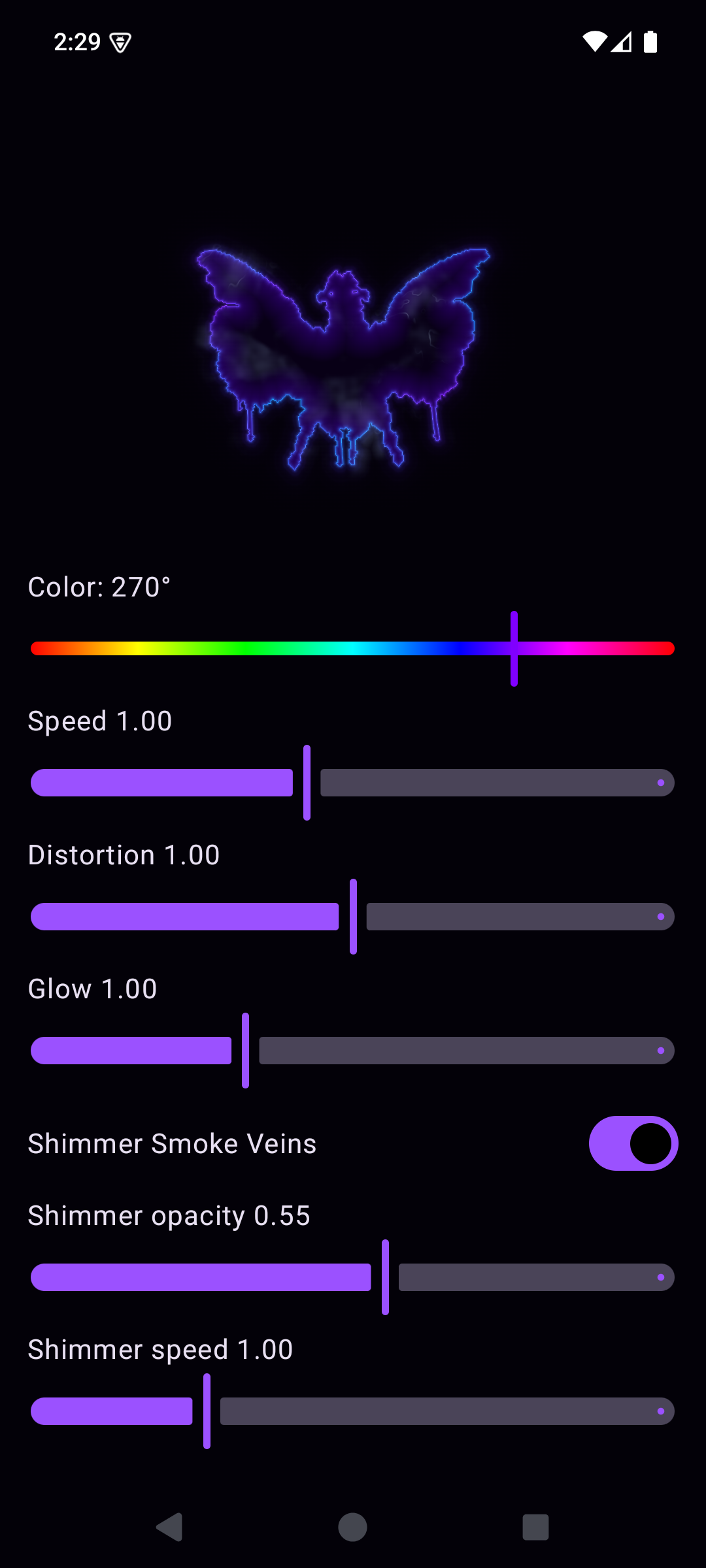 InkblotEngine Android runtime settings screen showing color, speed, distortion, glow, and Smoke Veins controls.