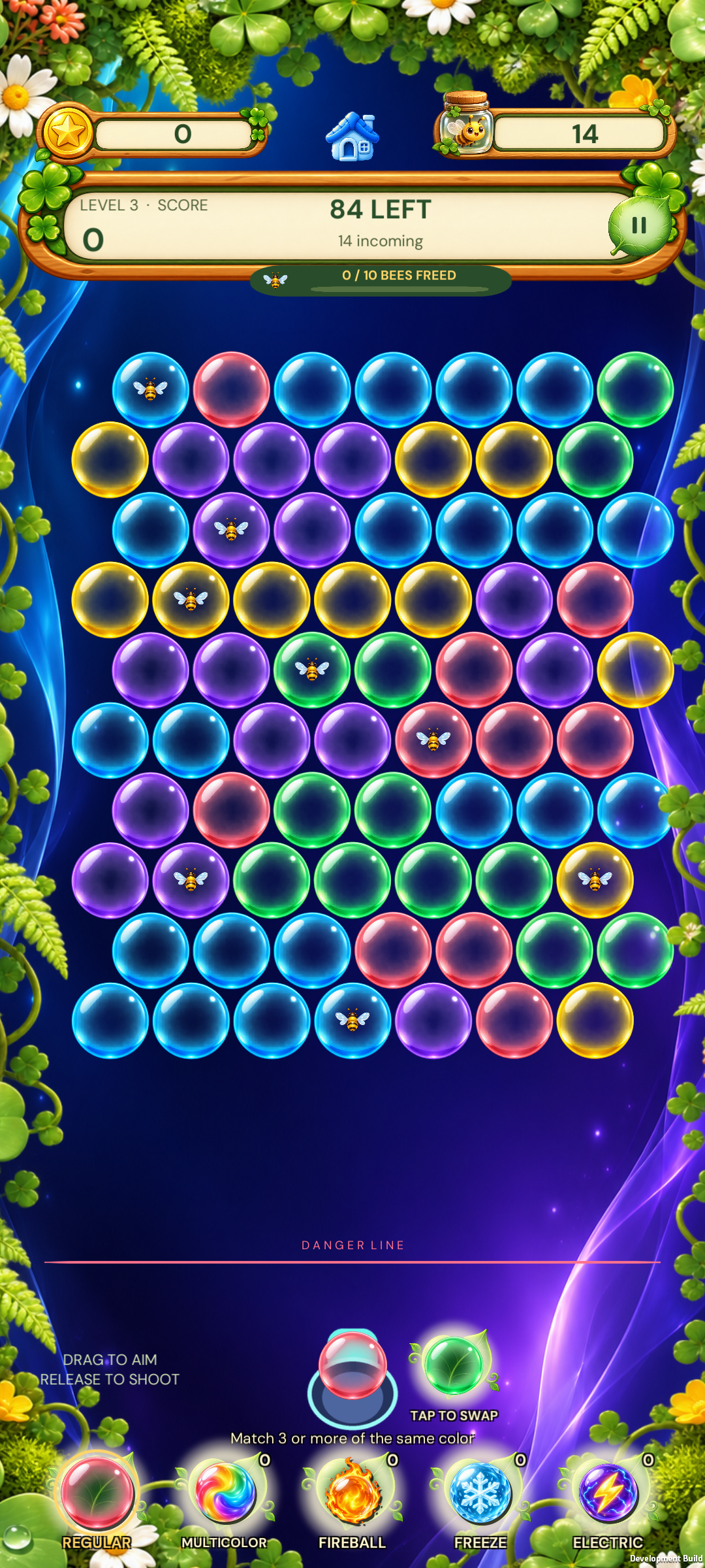 Bubble Popper Bug Blast Android gameplay with colorful bubbles, trapped bees, and special-shot controls.