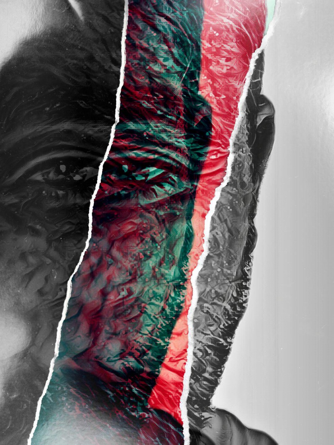 Torn collage portrait of Walter Curry in graphite, teal, and red.